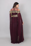 Evening dress with embroidered cape design, burgundy
