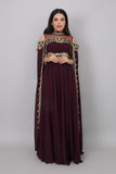 Evening dress with embroidered cape design, burgundy