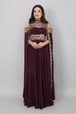 Evening dress with embroidered cape design, burgundy