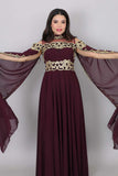 Evening dress with embroidered cape design, burgundy