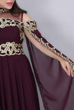 Evening dress with embroidered cape design, burgundy