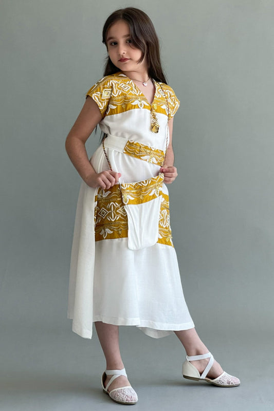 Girls' midi jalabiya with horizontal embroidery and sequins, golden color