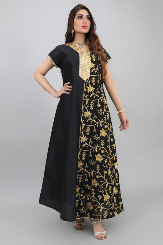 Shantoon jalabiya embroidered with golden threads, black 