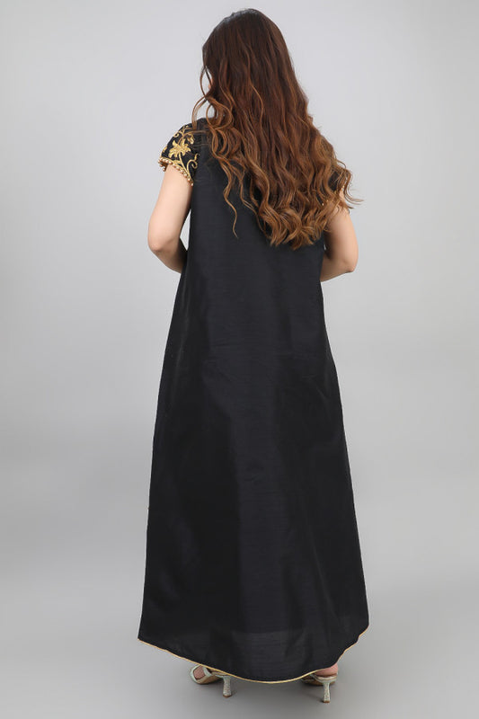 Shantoon jalabiya embroidered with golden threads, black 