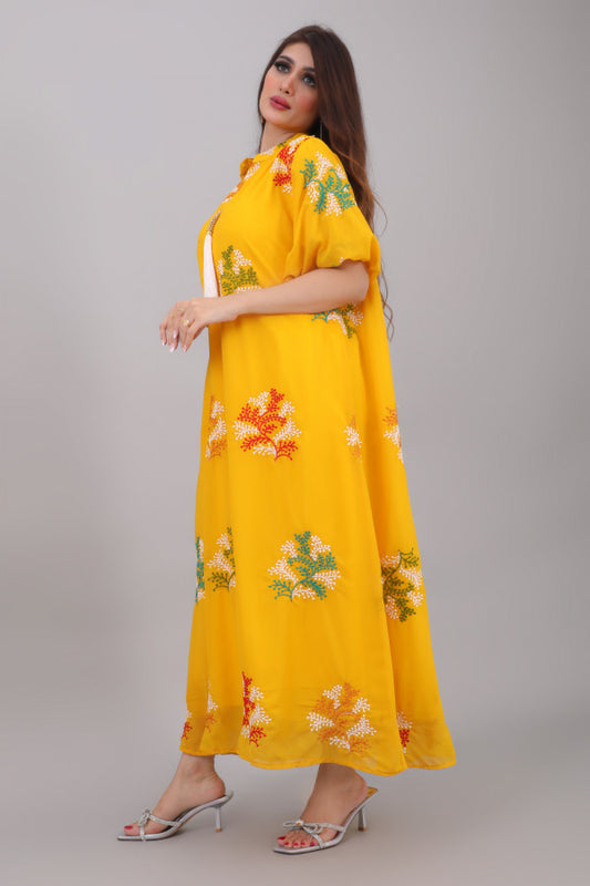 Chiffon jalabiya with yellow colored embroidery