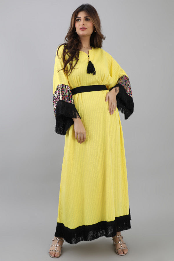 Jalabiya with sleeves embroidered with sequins and decorated with fringes, yellow colour 