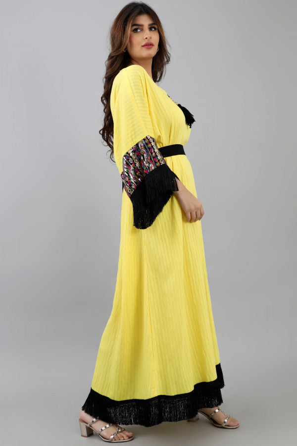 Jalabiya with sleeves embroidered with sequins and decorated with fringes, yellow colour 