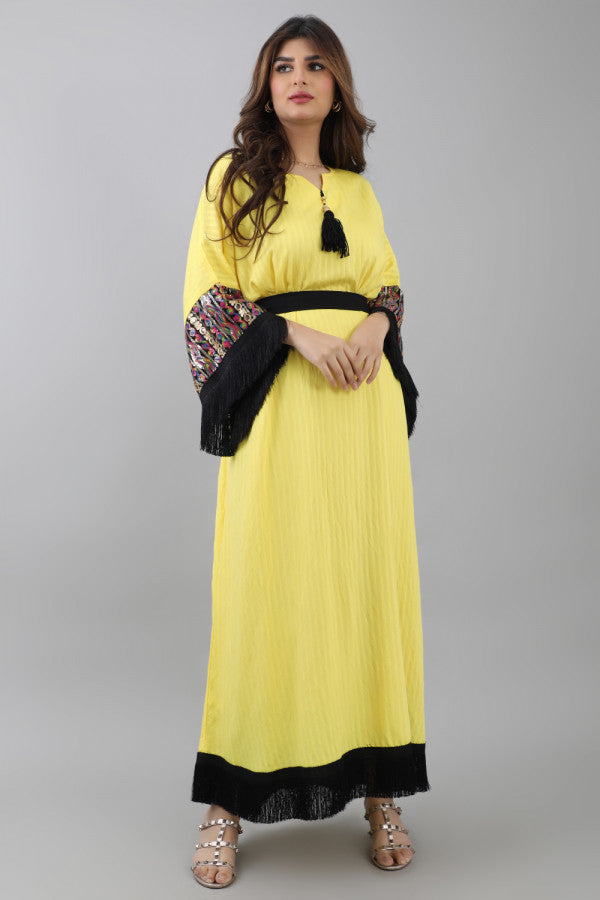 Jalabiya with sleeves embroidered with sequins and decorated with fringes, yellow colour 