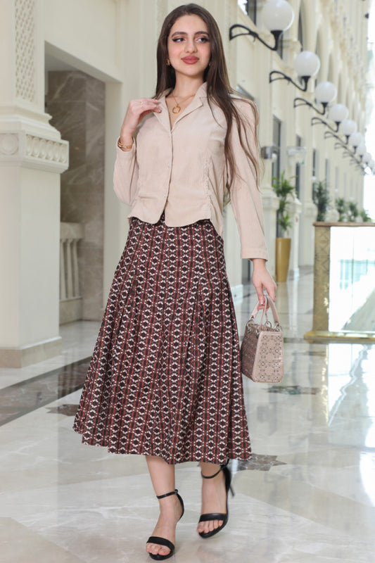 Beige buttoned midi skirt and blouse set 