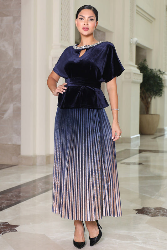 Two-piece velvet set, pleated skirt and blouse with slit, navy blue 