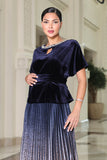 Two-piece velvet set, pleated skirt and blouse with slit, navy blue 