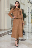 Brown turn-down collar skirt and jacket set 