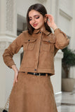 Brown turn-down collar skirt and jacket set 