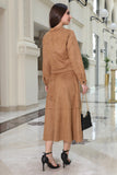 Brown turn-down collar skirt and jacket set 