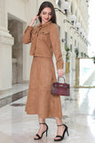 Brown turn-down collar skirt and jacket set 