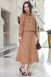 Brown turn-down collar skirt and jacket set 