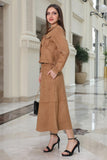 Brown turn-down collar skirt and jacket set 