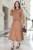 Brown turn-down collar skirt and jacket set 