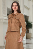 Brown turn-down collar skirt and jacket set 