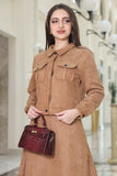 Brown turn-down collar skirt and jacket set 