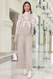 A winter set of pants and a blouse with a wide design, beige 