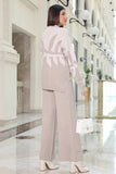 A winter set of pants and a blouse with a wide design, beige 