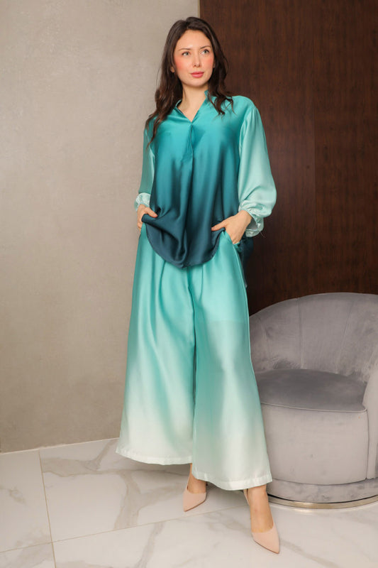 Two-tone wave two-piece set of pants and blouse 