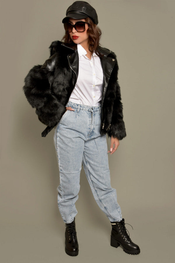 A sophisticated mix jacket made of leather and fur