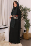 Black crepe wrap abaya with embroidered sleeves