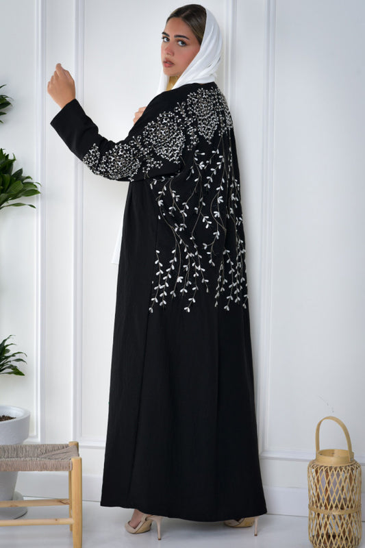 Black crepe abaya with white embroidery