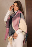 Elegant checkered winter shawl with a triangle cut, pink colour 