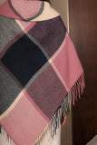 Elegant checkered winter shawl with a triangle cut, pink colour 