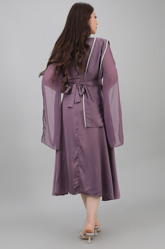 Satin cape dress with shawl shoulder design, mauve color