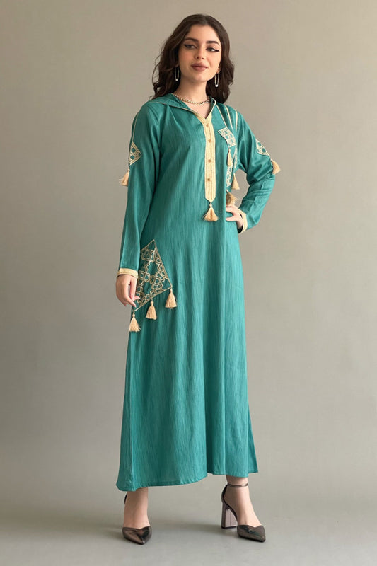 Embroidered kaftan with tassels, Tiffany colour