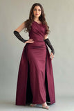 One-shoulder taffeta dress with train, burgundy