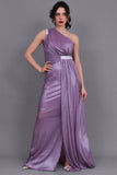 One-shoulder evening dress decorated with a crystal ribbon, mauve color