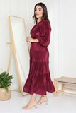 Plisse dress with long puff sleeves, burgundy