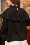 Crepe blouse with embroidered ruffle neck, black