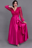 Long dress with sequined bodice and feathers, fuchsia color