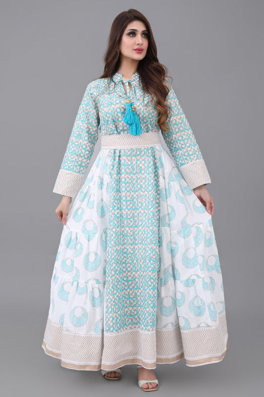Jalabiya with cloche design and Islamic patterns, Tiffany color 