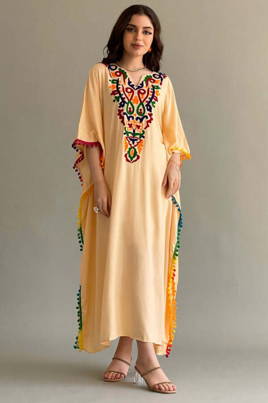 Bisht jalabiya, embroidered and decorated with colorful kalafa, beige colour