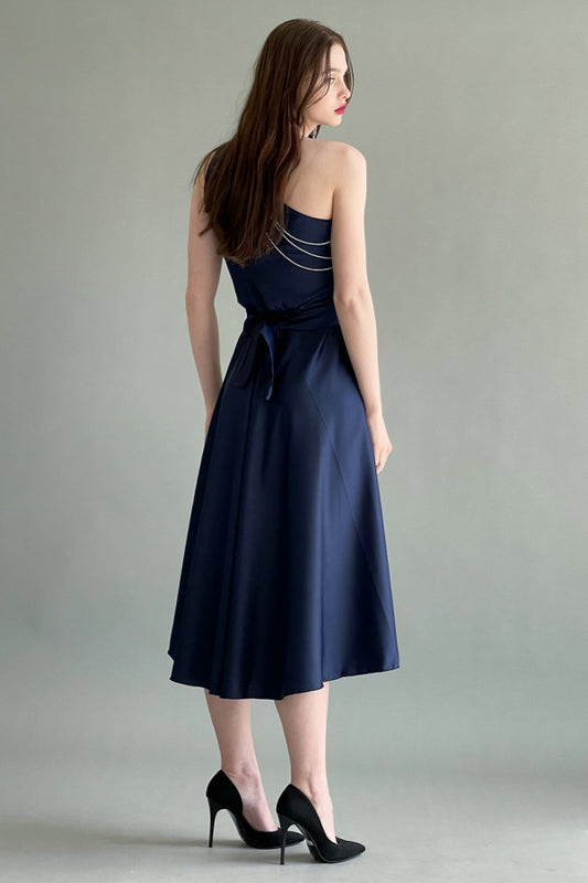 One-shoulder satin dress with crystal strap, navy blue