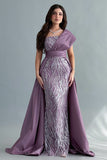 One-shoulder embroidered evening dress, mauve color