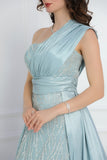 One shoulder embroidered evening dress in Tiffany color