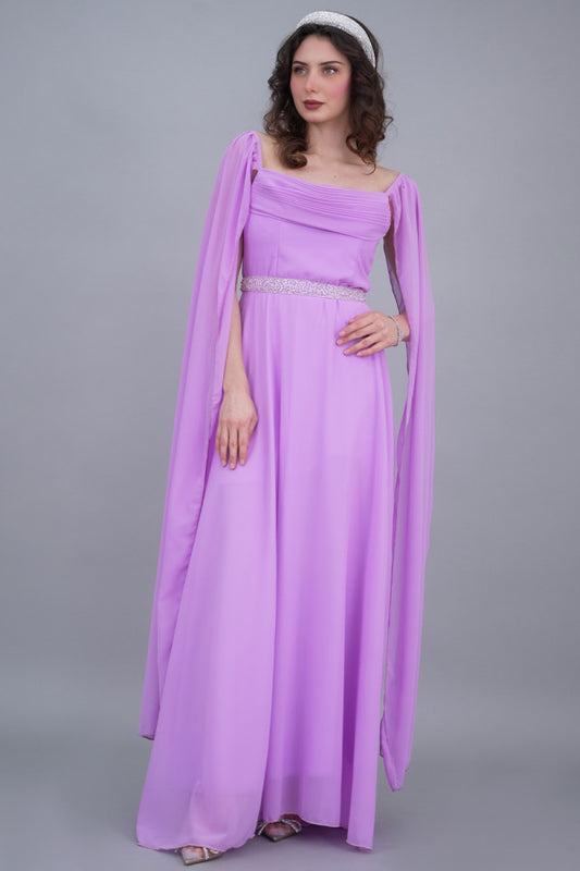 Soft evening dress with cape sleeves and an embroidered belt, lavender color