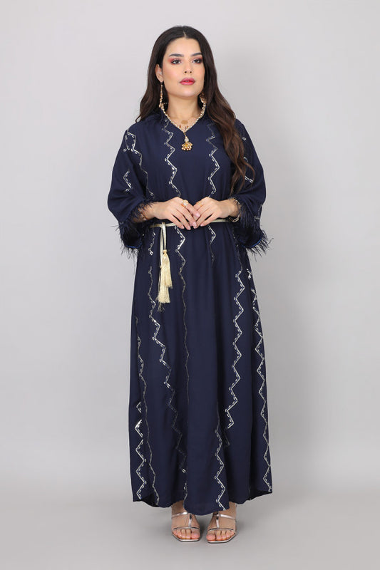 Jalabiya embroidered with sequins and decorated with feathers, navy blue color