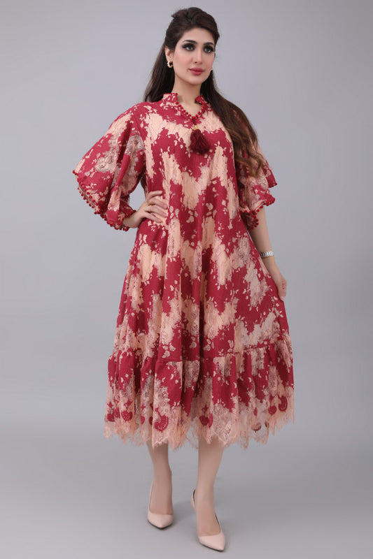 Lace robe with elegant design, red and beige color 