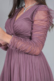 Evening dress with drape sleeves, mauve color