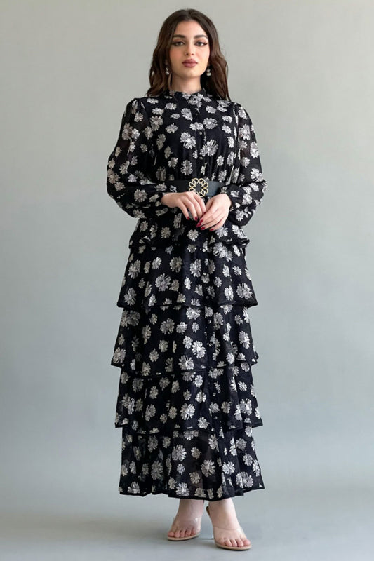 Floral dress with layered design, black