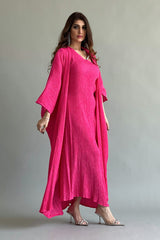 An elegant two-piece jalabiya with modern details, fuchsia color 